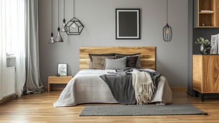 Close-up view of a classic bedroom with a Scandinavian modern design and minimalist interiors