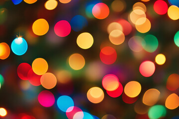 A colorful bokeh pattern of blurred circular lights in warm and cool tones creating a vibrant festive and abstract visual effect

