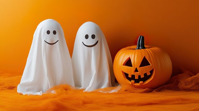 Two cute friendly ghosts with a jack-o'-lantern on an orange background