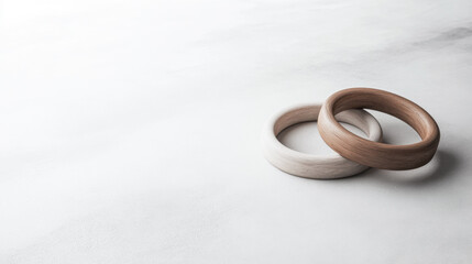 Minimalist interlocked wooden rings in earthy tones
