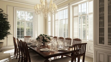 A stately Colonial dining room featuring a long wooden table