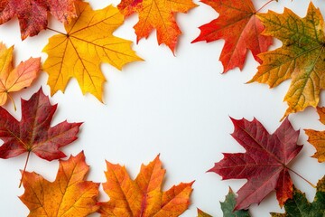 Fototapeta premium Autumn Maple Leaves Flat Lay White Background created with Generative AI