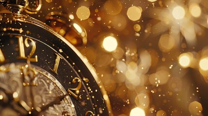 Close-up of a golden ornate clock showing midnight with sparkling lights.