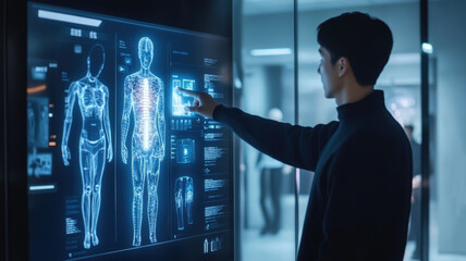 Man interacting with a futuristic digital interface displaying human anatomy, highlighting technological advancements in medical and healthcare fields