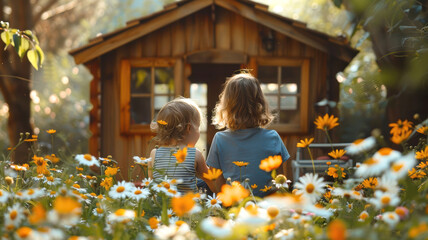 Two young children sitting among vibrant wildflowers, facing a rustic wooden playhouse, enjoying a peaceful moment outdoors in a natural garden setting