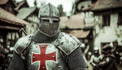 Fototapeta premium Majestic Medieval Knight: Abstract Creative Design with Armored Crusader and Red Cross. Historic Cityscape Background featuring Castle and Army. Heroic Epic Fantasy Themes and Historical Promotions.