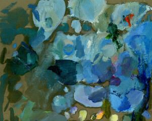 Blue tones spots. Abstract painting. Background with space for inscription. Palette with smeared paints.