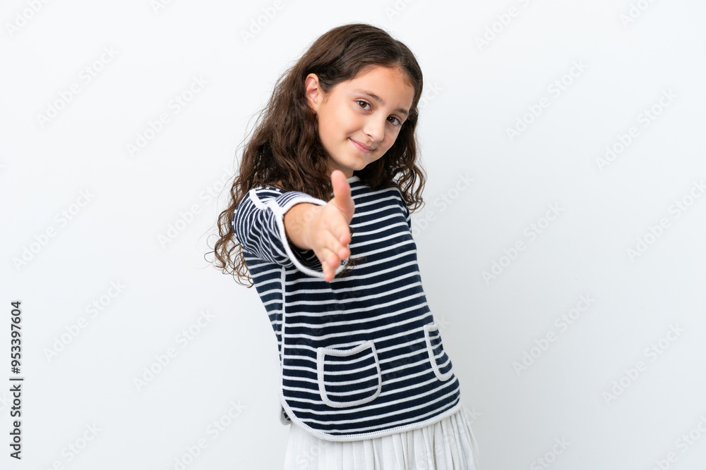 Canvas Prints little caucasian girl isolated on white background shaking hands for closing a good deal