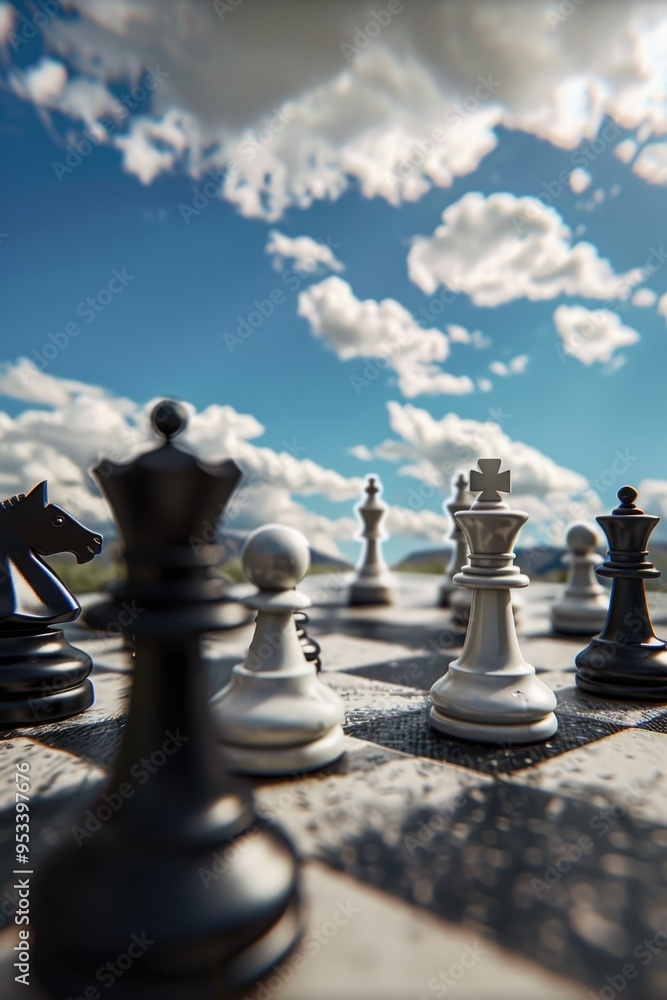 Poster a set of chess pieces arranged on a chess board, perfect for illustrating strategy and game concepts