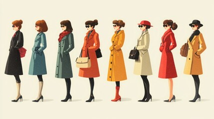 Fototapeta premium Vintage 1960s Fashion Icons - Nostalgic Retro Illustrations of Iconic Style Trends in 2D