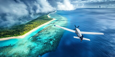 Obraz premium Small plane flies over tropical island and blue ocean.