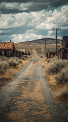 A Lonely Road Through Time: A Ghost Town's Haunting Remains Under a Cloudy Sky