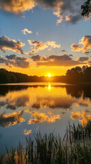 Fototapeta premium A serene lake reflecting a golden sunset, painting the sky with vibrant hues and casting shimmering reflections on the water.