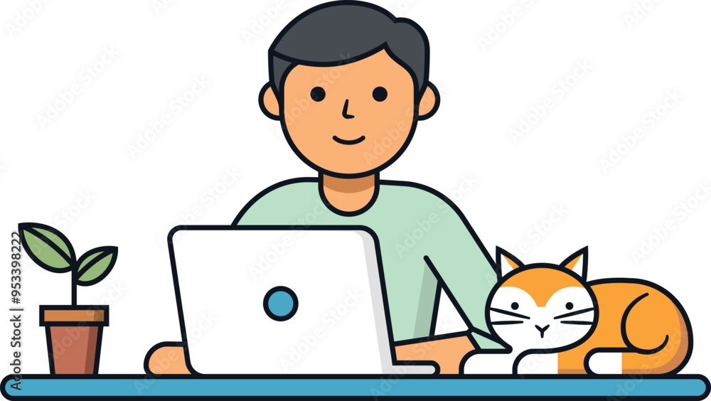 Wall mural a programmer guy sits at a table with a laptop and a cat