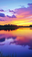 A serene lake mirroring the vibrant hues of a summer sunset, creating a breathtaking spectacle of nature's artistry.