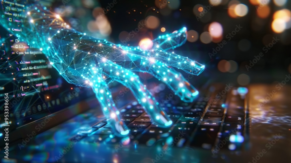 Poster a digital hand reaches for a glowing keyboard, symbolizing the fusion of technology and creativity i