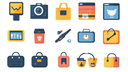 Modern Flat Vector Shopping App Icon Set with Categories for Clothing, Electronics, and Home Goods