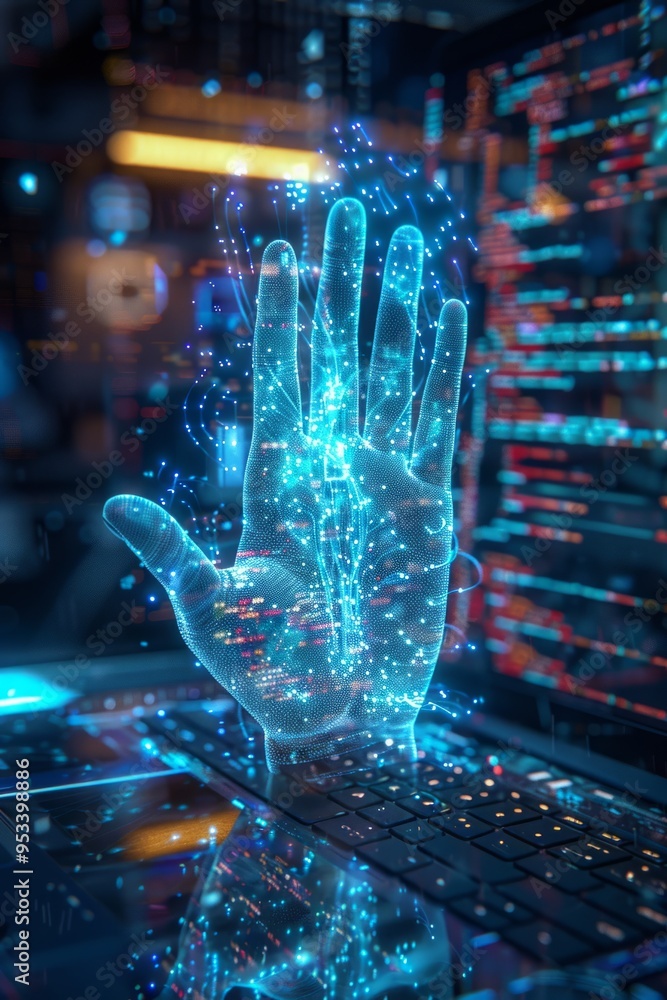 Poster a glowing digital hand emerging from a laptop keyboard, symbolizing technology and innovation in com