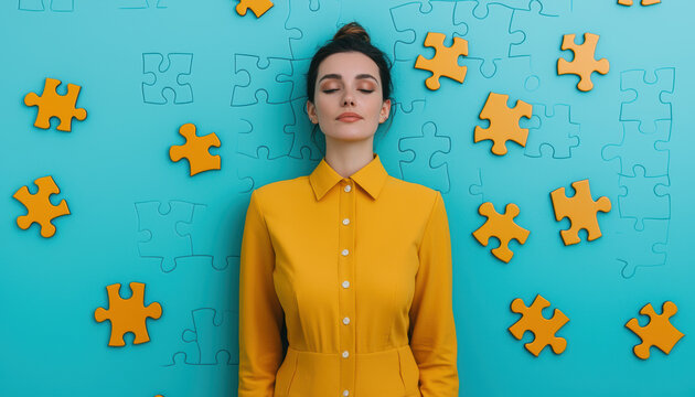 Businesswoman surrounded by floating puzzle pieces, representing complex problemsolving
