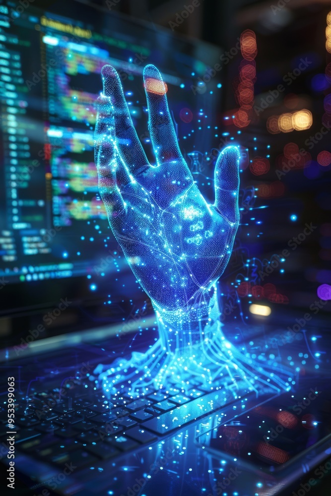 Aufkleber a glowing holographic hand emerging from a computer keyboard in a futuristic digital workspace durin