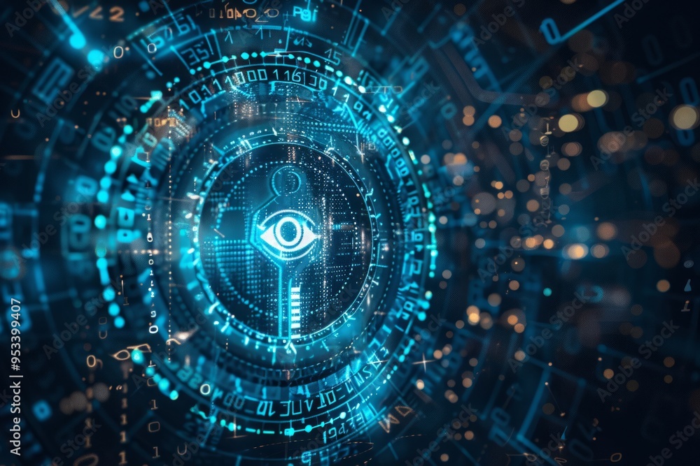 Poster digital representation of an eye symbol within a futuristic interface filled with glowing data and d