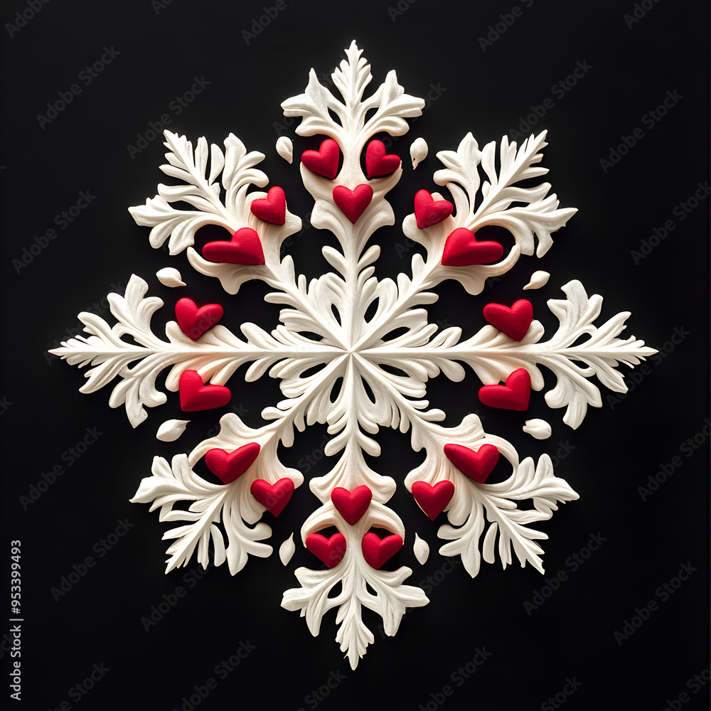 Poster snowflake design adorned with numerous red hearts in captivating image