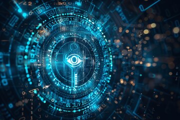 Fototapeta premium Digital representation of an eye symbol within a futuristic interface filled with glowing data and digital elements at night