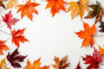 Fototapeta premium Autumn Maple Leaves Flat Lay White Background created with Generative AI