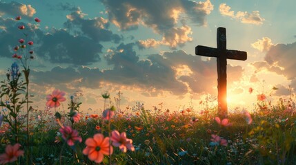 A cross stands amidst a vibrant field of colorful flowers
