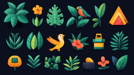 Obraz premium Jungle Adventure - Playful Flat Icons Illustrating Tropical Exploration and Discovery
