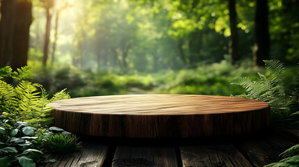 Wooden platform in front of a lush green forest.