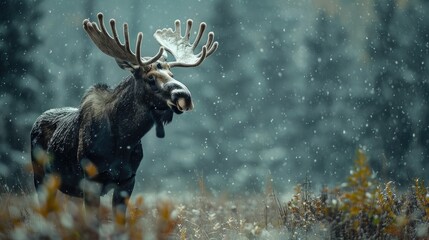Large bull moose standing in snowfall in forest