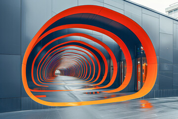 Modern building facade featuring tunnel of orange arches leading to entrance