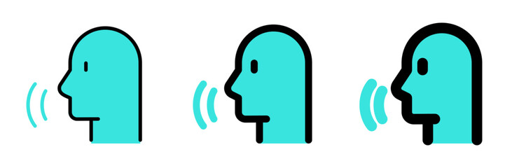 Vector person speaking, speech recognition, voice activation icon. Black, white background. Perfect for app and web interfaces, infographics, presentations, marketing, etc.