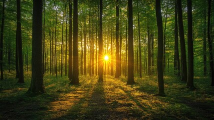 Obraz premium Sun shining through trees in green forest at sunset