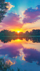 Obraz premium Golden Hour Serenity: A breathtaking sunset paints the sky with vibrant hues, reflected in a tranquil lake.