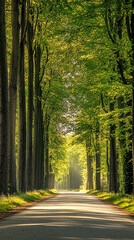 Fototapeta premium A sun-drenched path winds through a verdant forest, sunlight filtering through the lush canopy, casting long shadows on the road ahead.