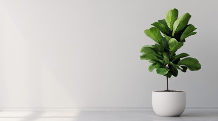 Fiddle-leaf fig tree in a white pot on an empty table against a white wall background with copy space