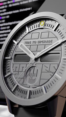 A large clock face with the words ‘TIME TO UPGRADE’ with a modern design, in grey tones, against a blurred image of a computer screen