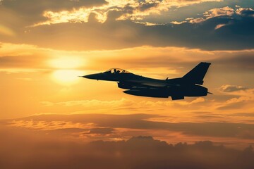 A fighter jet soaring through the sky at sunset