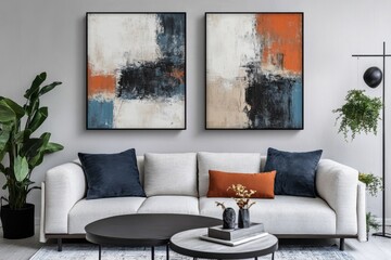 Modern abstract painting set of paintings, in beige tones with navy blue and orange accents