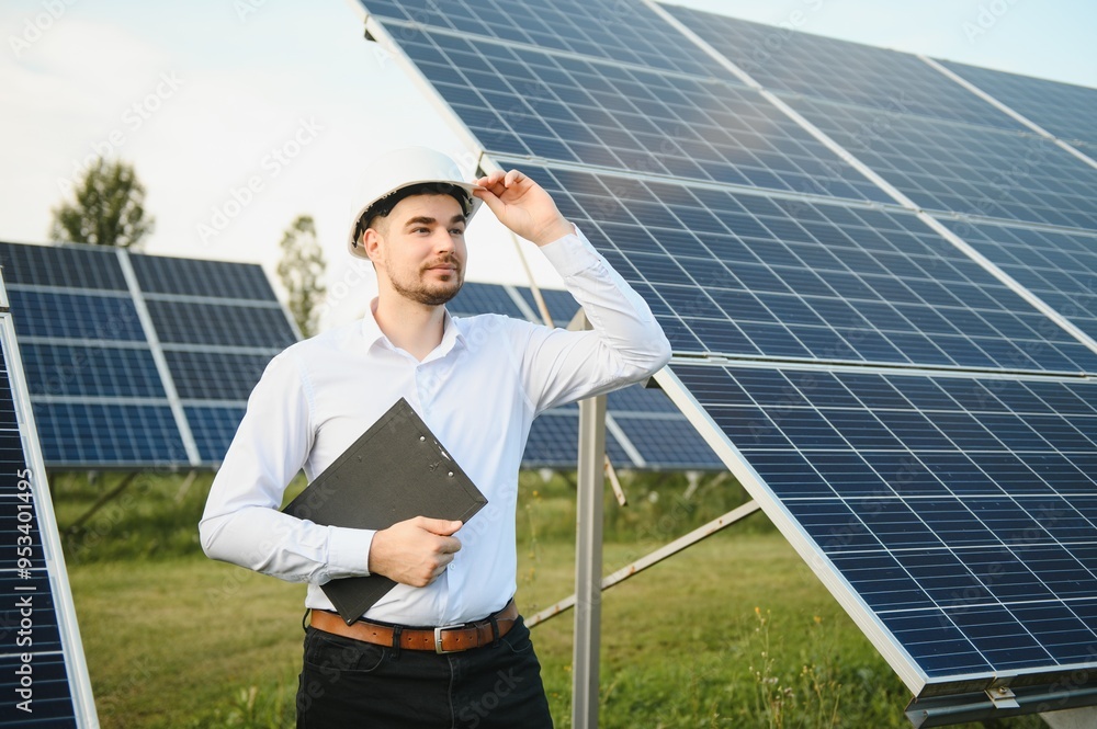 Poster male engineer in glasses and formal white shirt monitoring system of solar panels