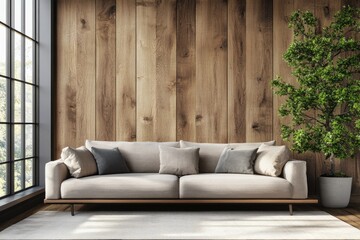 Modern living room with sofa and big window overlooking nature