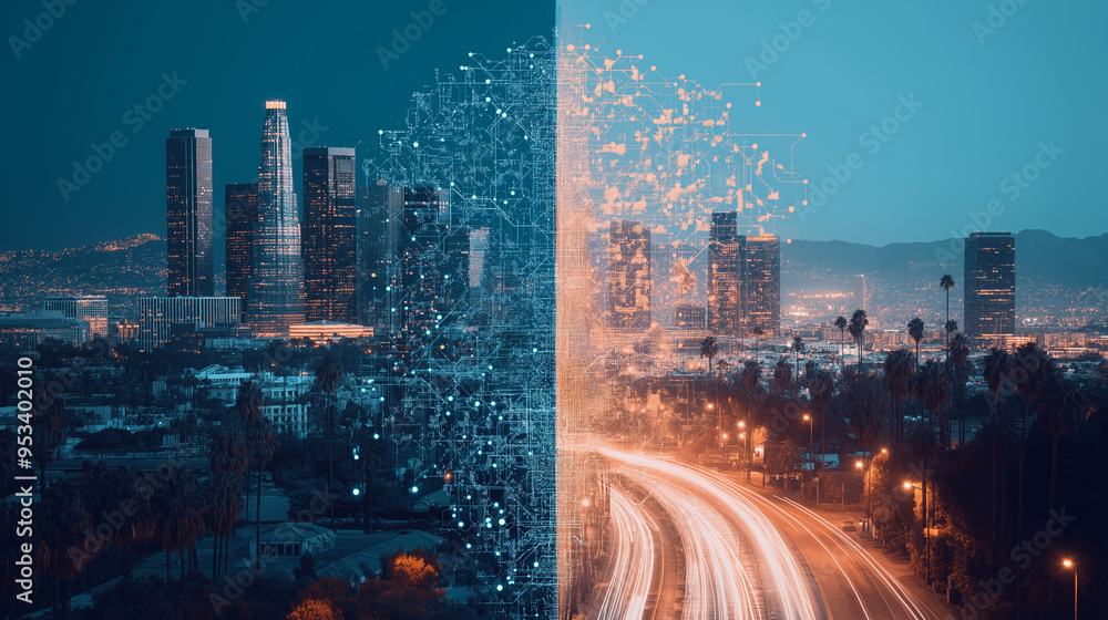Poster split screen. left side is hollywood. right side is the world of blockchain. a bridge connects both 