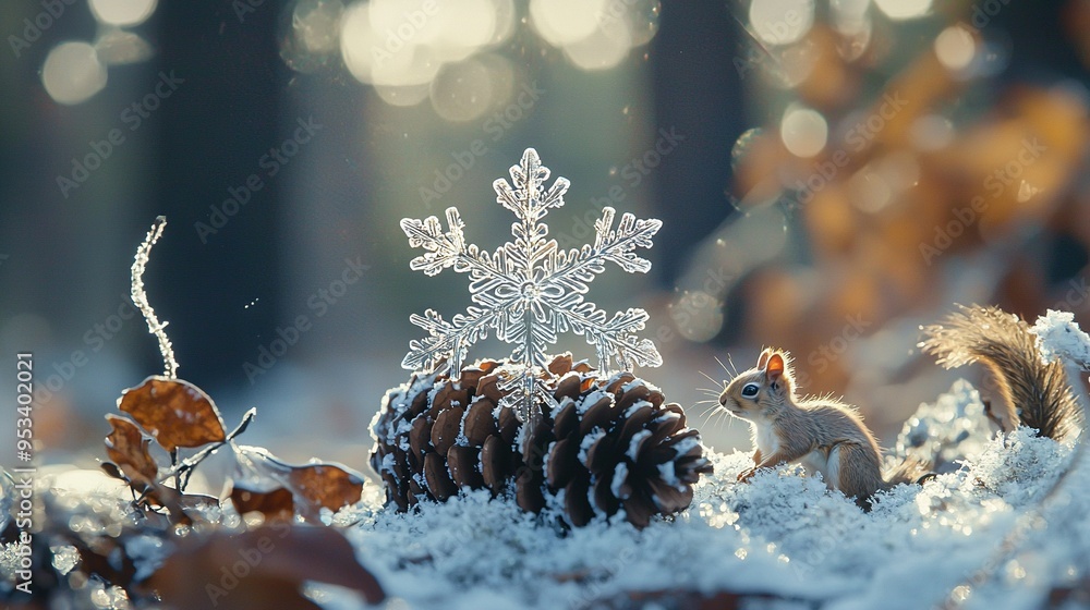 Sticker   A squirrel stands in snow beside a pine cone with a snowflake on top