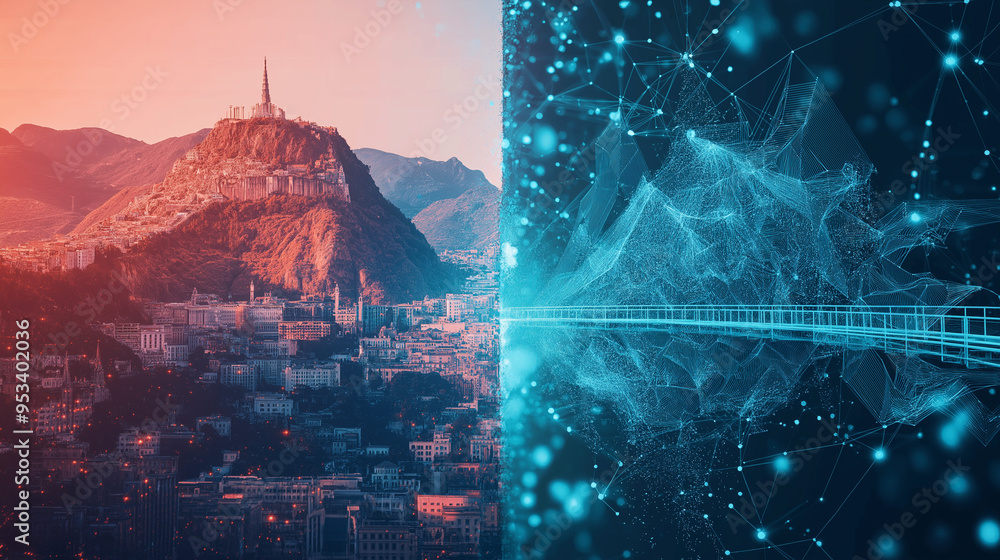 Poster split screen. left side is hollywood. right side is the world of blockchain. a bridge connects both 