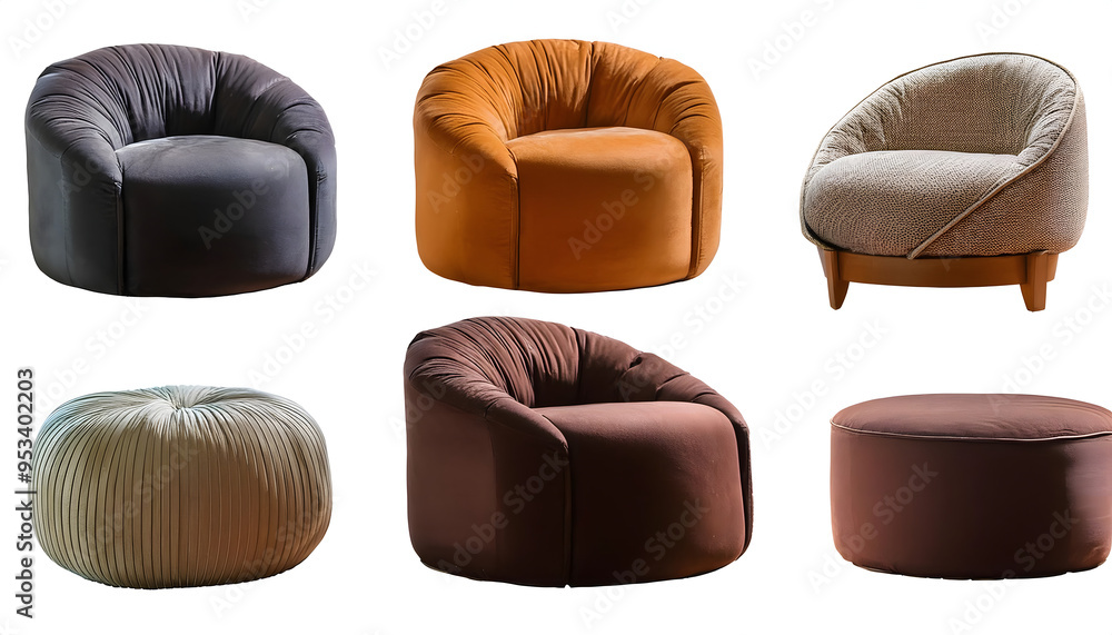 Poster set of collection of different pouf chairs isolated cut out the design element