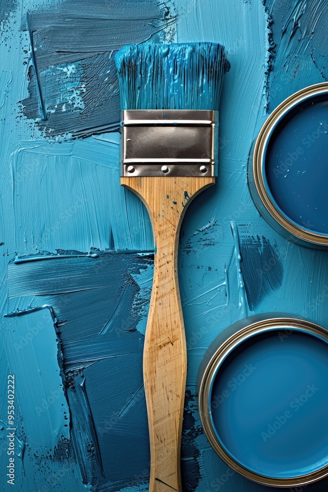 Wall mural Blue paintbrush and cans on textured blue surface with brush strokes.