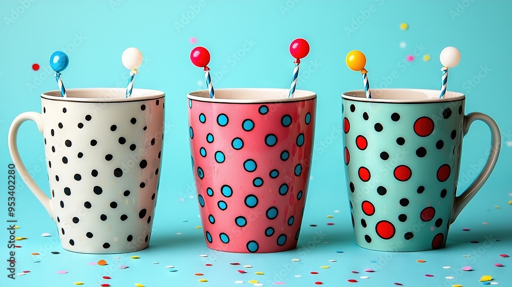 Poster three coffee mugs with pins protruding from their edges against a blue backdrop, adorned with confet