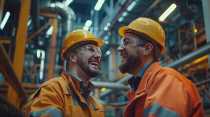 Two workers in hard hats discussing something on a factory floor